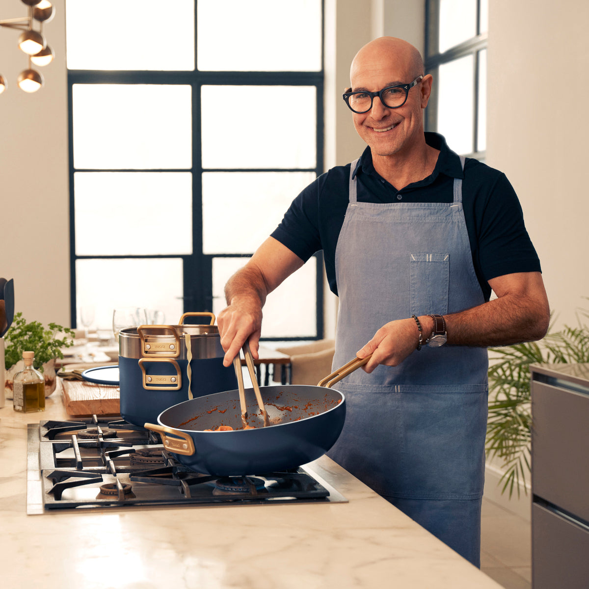 Stanley Tucci™ Ceramic Nonstick 4-Piece Frypan Set with The Tucci Cookbook | Marino Blue