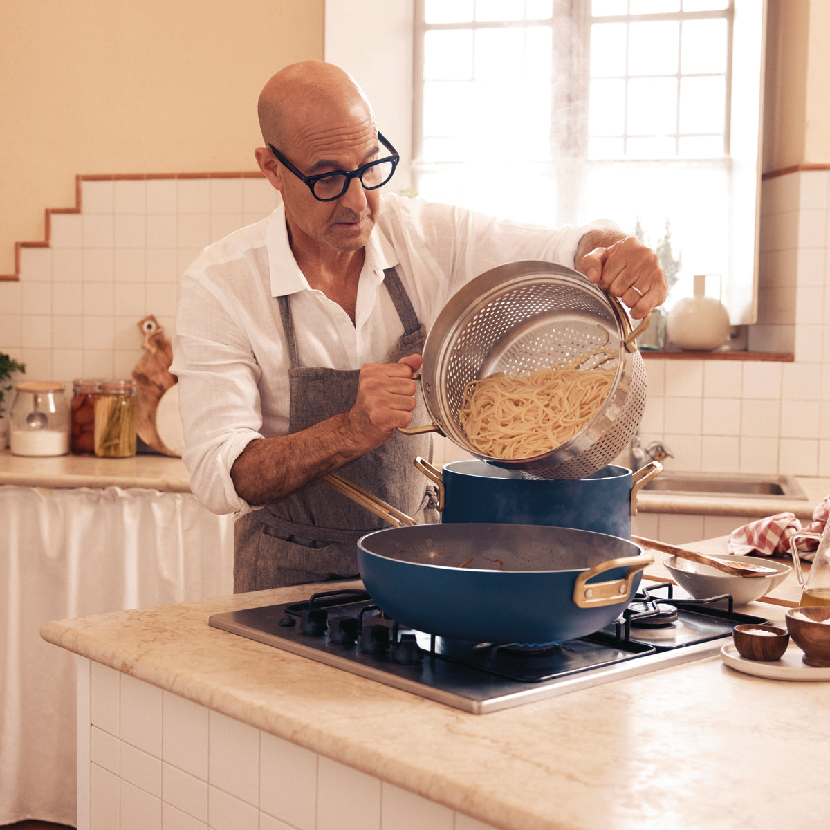 Stanley Tucci™ Ceramic Nonstick 4-Piece Frypan Set with The Tucci Cookbook | Marino Blue
