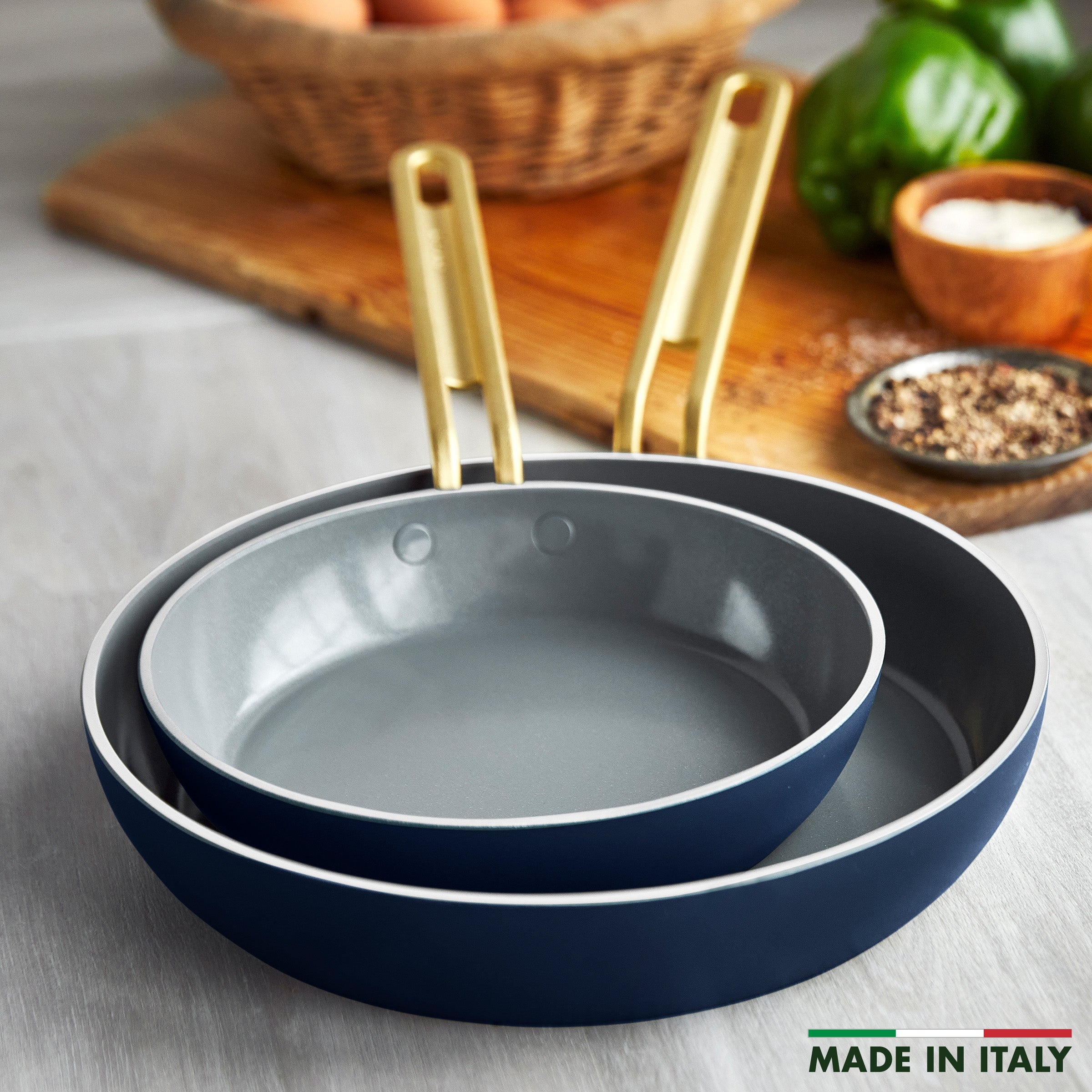 Stanley Tucci™ Ceramic Nonstick 4-Piece Frypan Set with The Tucci Cookbook | Marino Blue