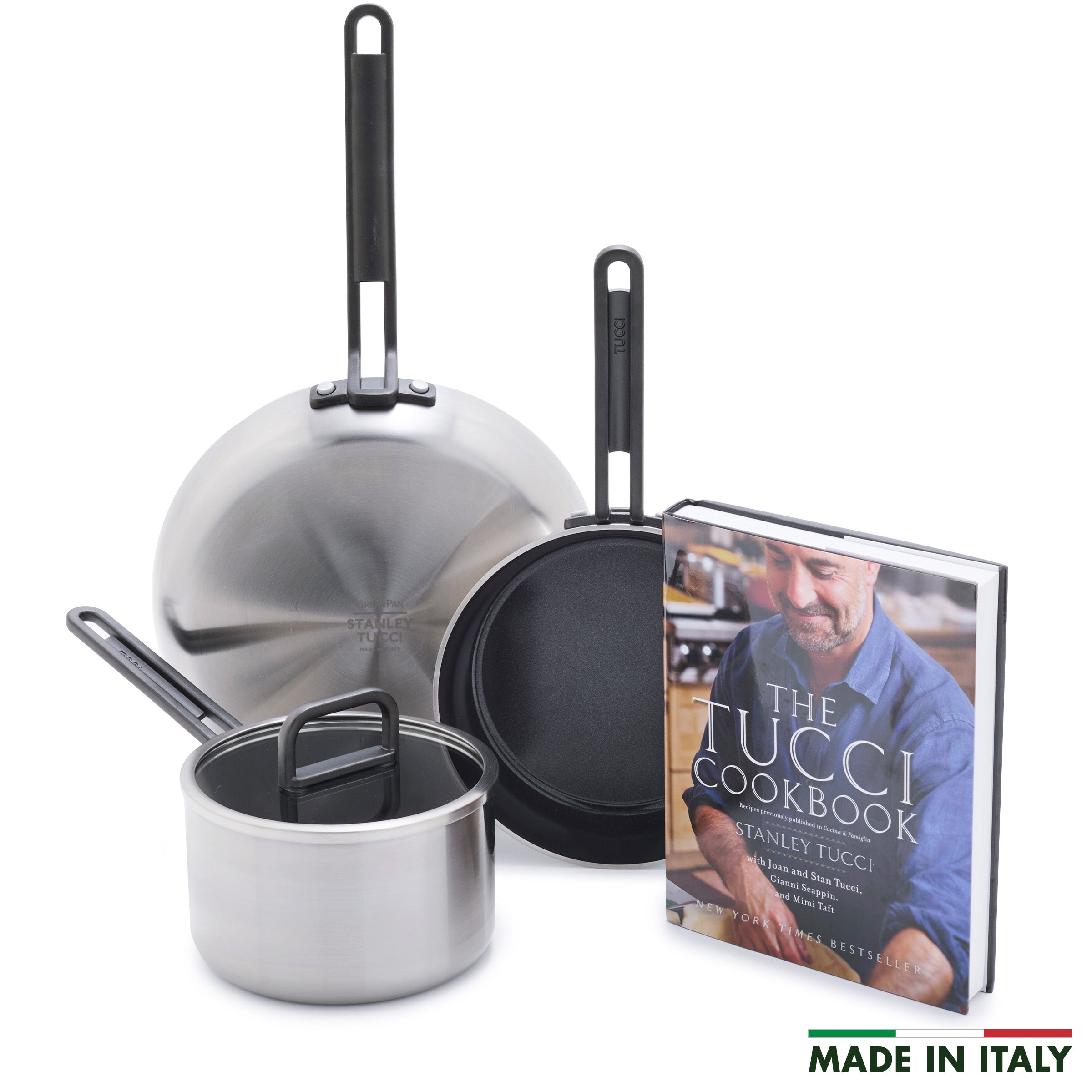 Stanley Tucci™ Stainless Steel Ceramic Nonstick 4-Piece Essentials Cookware Set with The Tucci Cookbook | Black Handles