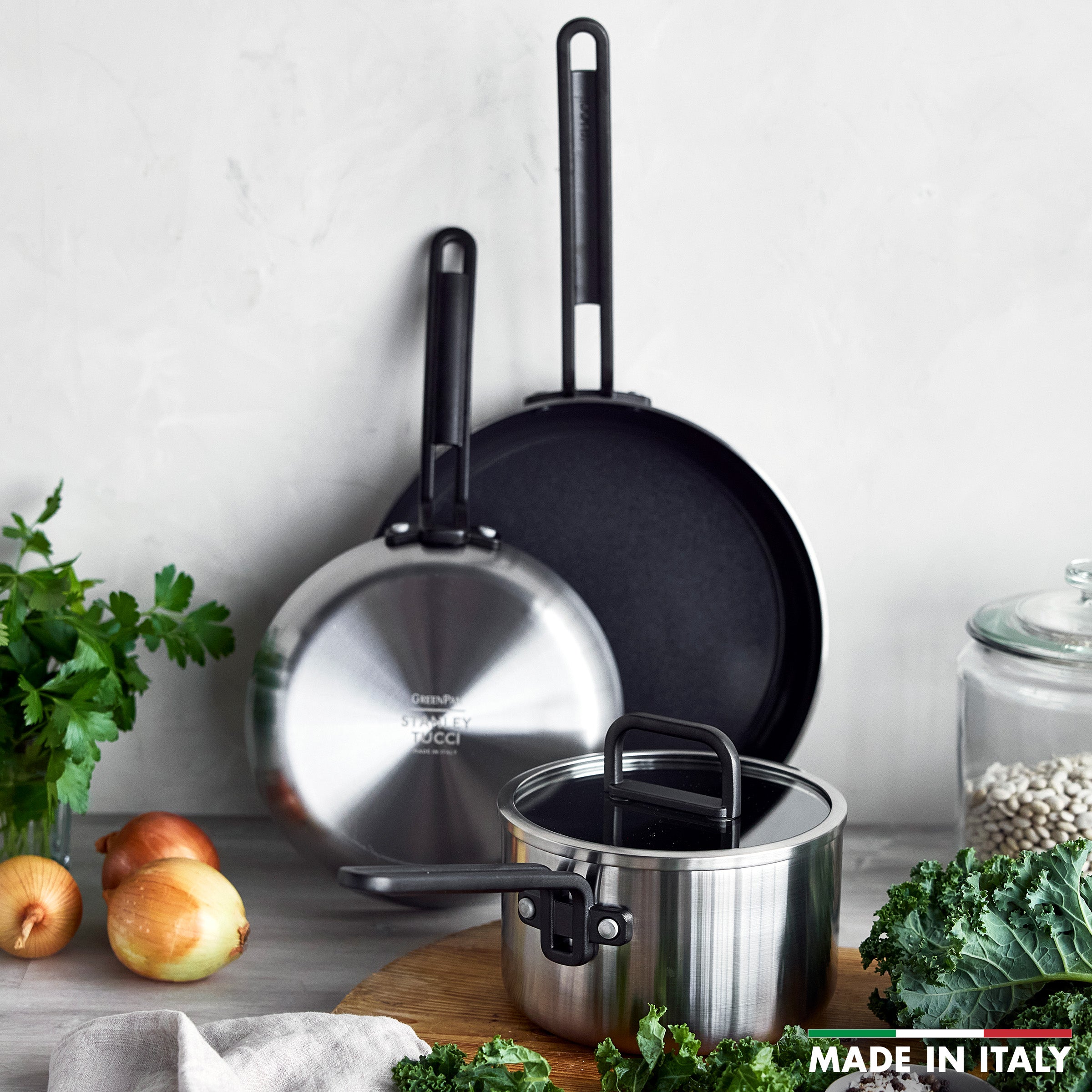 Stanley Tucci™ Stainless Steel Ceramic Nonstick 4-Piece Essentials Cookware Set with The Tucci Cookbook | Black Handles