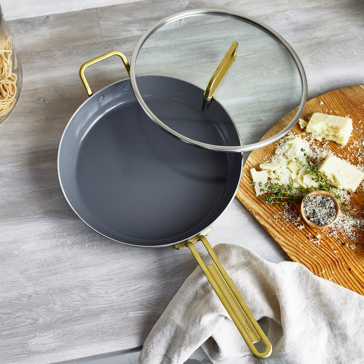 Stanley Tucci™ Stainless Steel Ceramic Nonstick 4-Piece Frypan Set with The Tucci Cookbook | Champagne Handles
