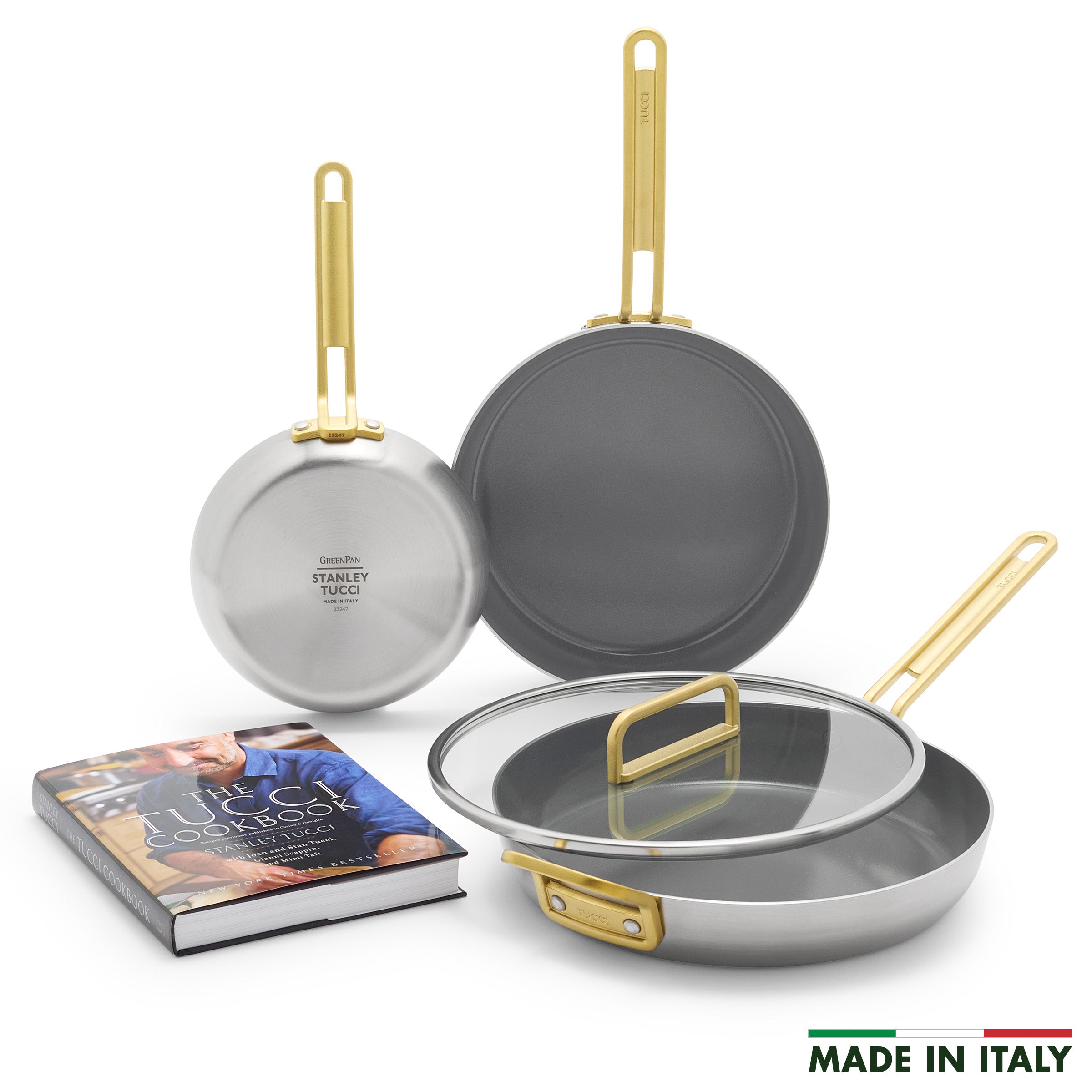 Stanley Tucci™ Stainless Steel Ceramic Nonstick 4-Piece Frypan Set with The Tucci Cookbook | Champagne Handles