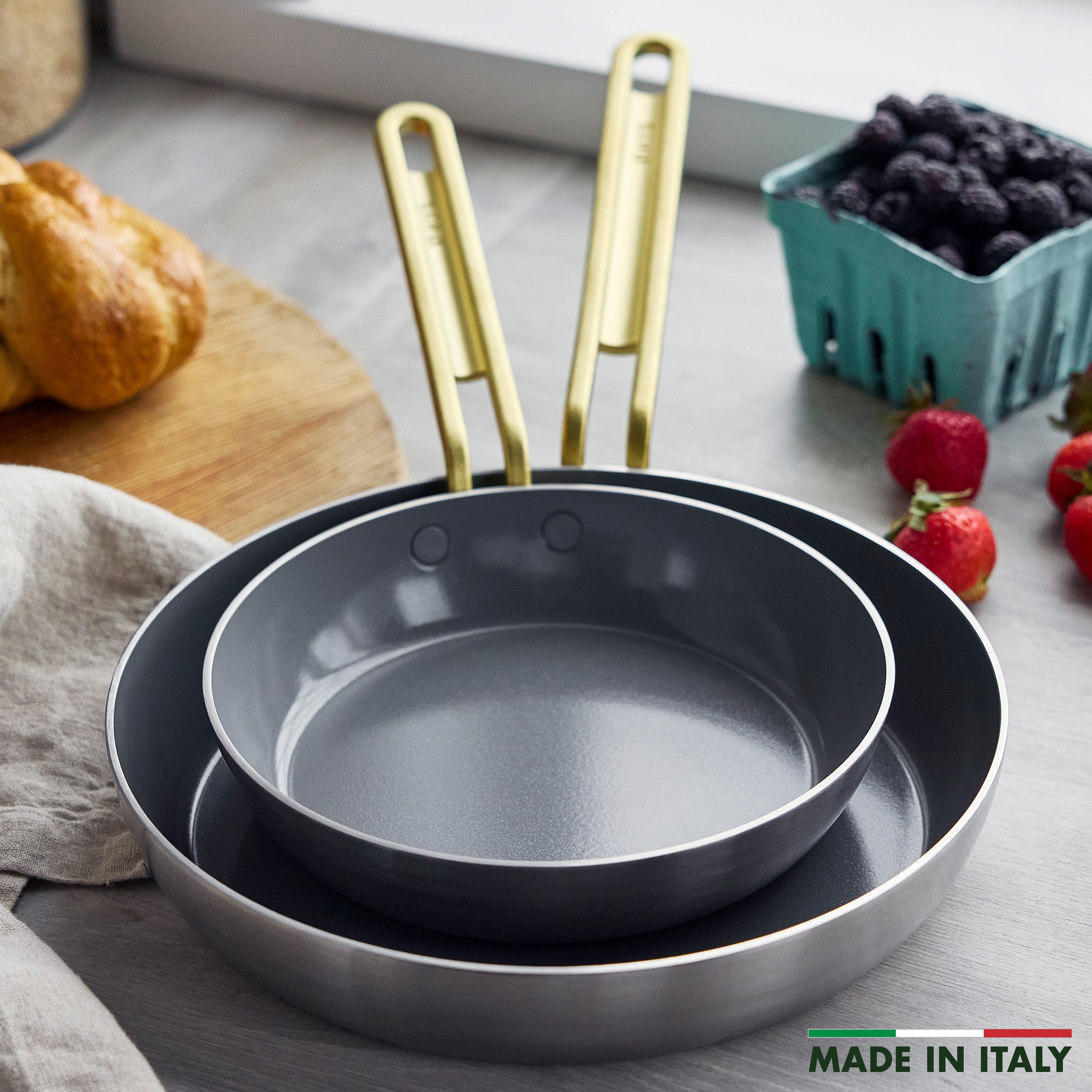 Stanley Tucci™ Stainless Steel Ceramic Nonstick 4-Piece Frypan Set with The Tucci Cookbook | Champagne Handles