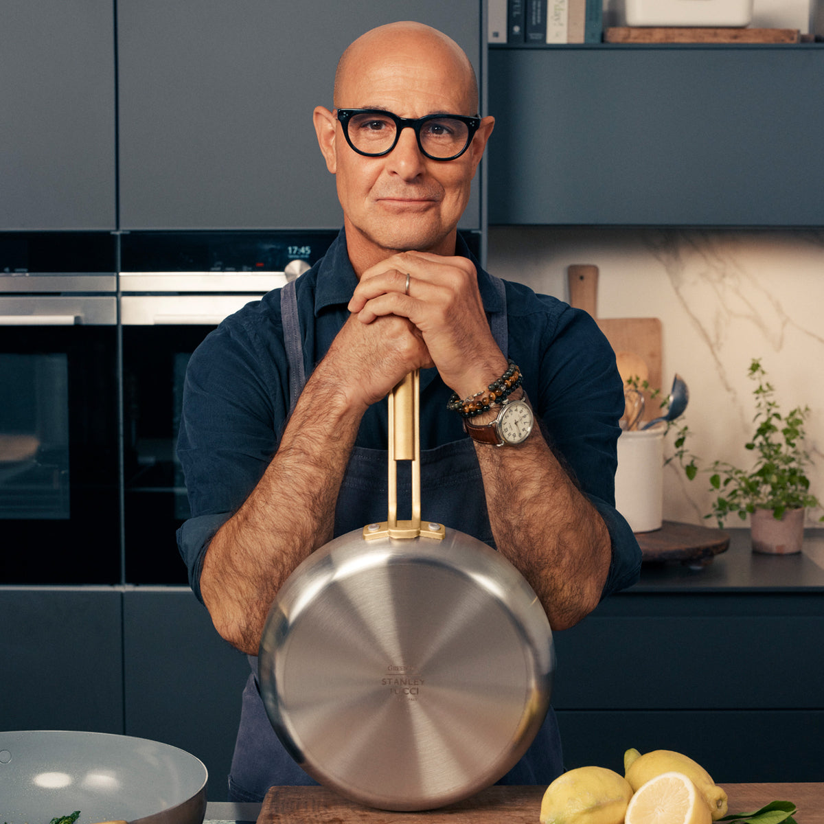 Stanley Tucci™ Stainless Steel Ceramic Nonstick 4-Piece Frypan Set with The Tucci Cookbook | Champagne Handles