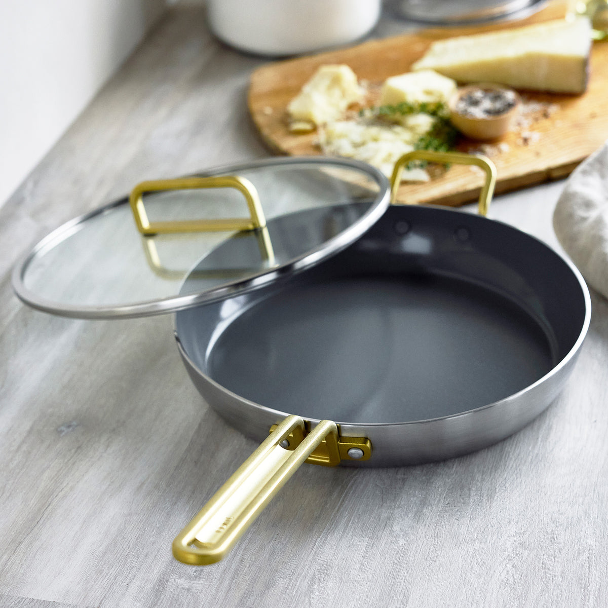 Stanley Tucci™ Stainless Steel Ceramic Nonstick 4-Piece Frypan Set with The Tucci Cookbook | Champagne Handles