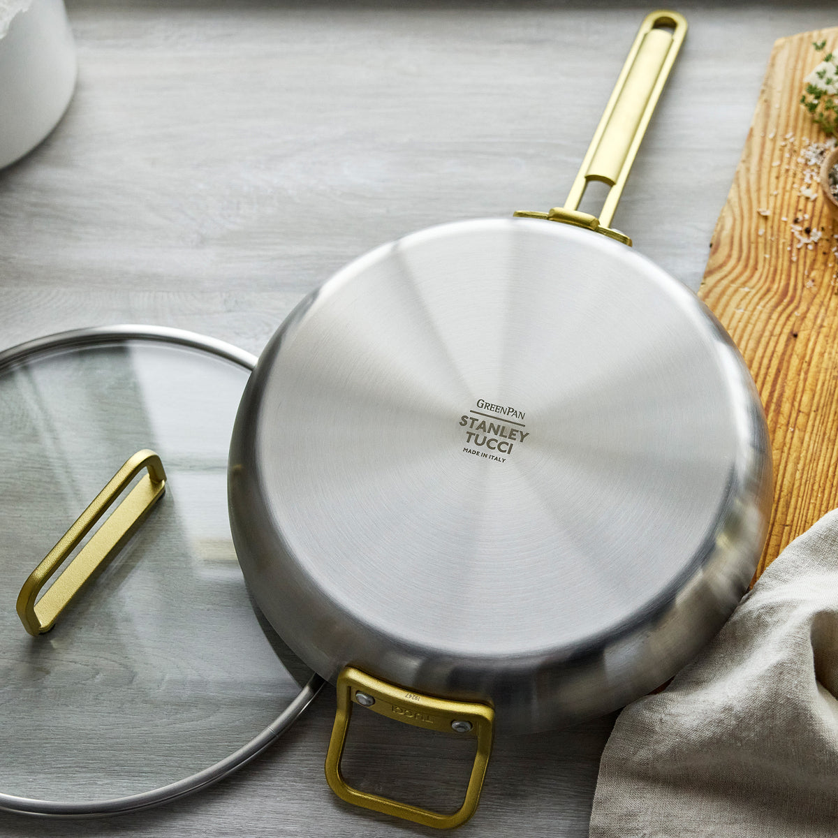 Stanley Tucci™ Stainless Steel Ceramic Nonstick 4-Piece Frypan Set with The Tucci Cookbook | Champagne Handles