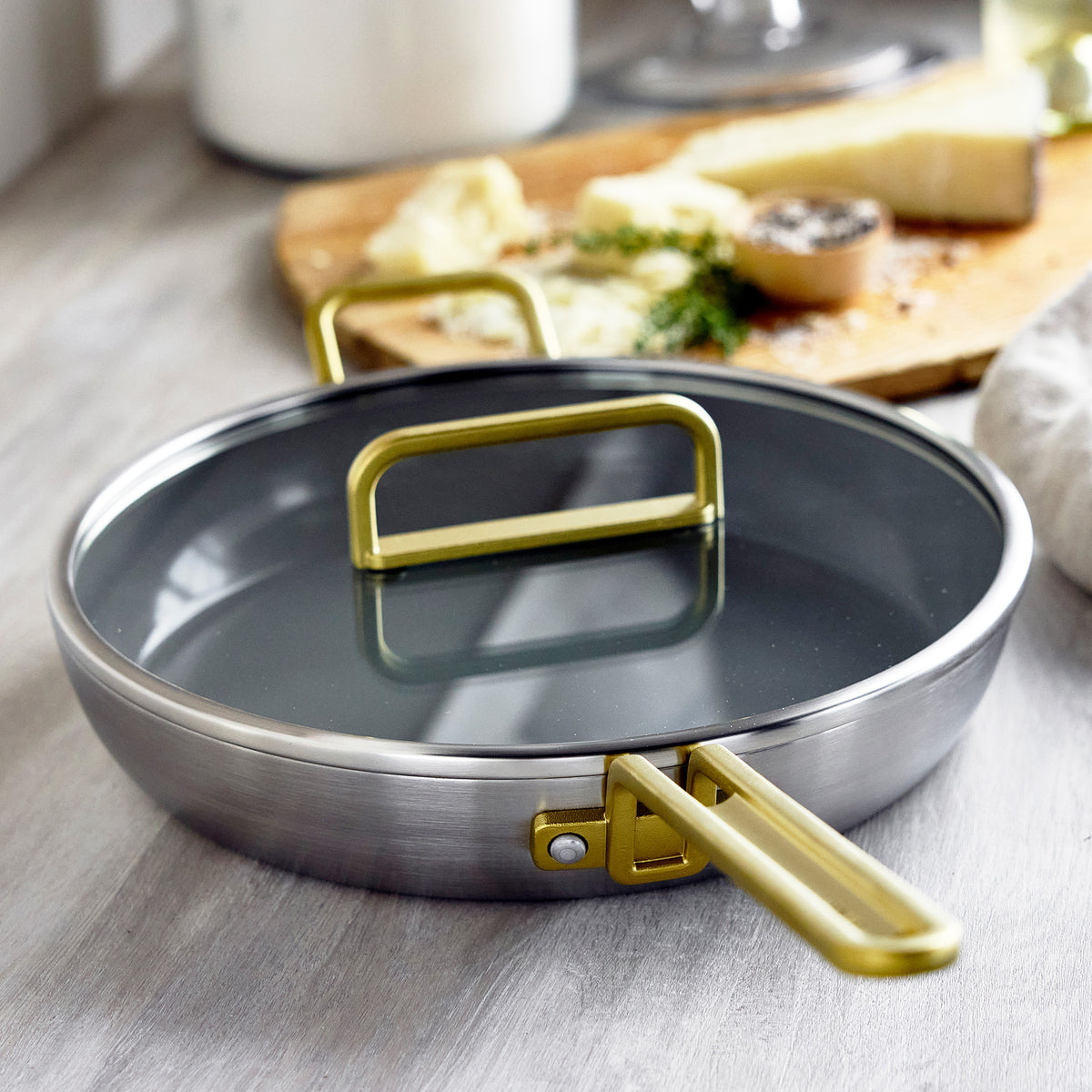 Stanley Tucci™ Stainless Steel Ceramic Nonstick 4-Piece Frypan Set with The Tucci Cookbook | Champagne Handles