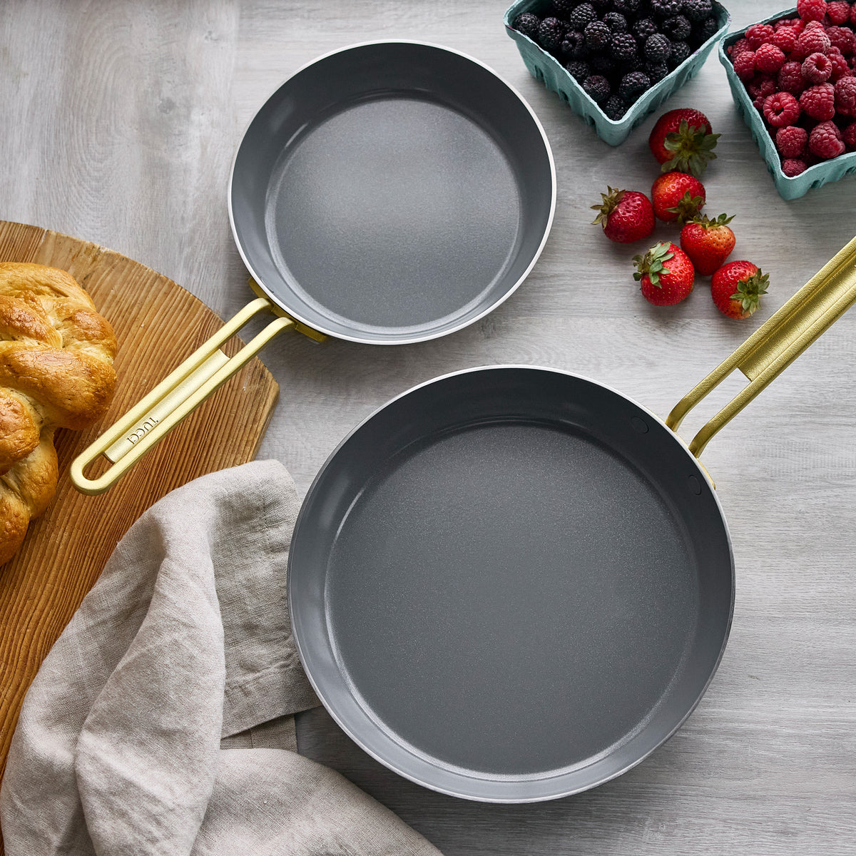 Stanley Tucci™ Stainless Steel Ceramic Nonstick 4-Piece Frypan Set with The Tucci Cookbook | Champagne Handles
