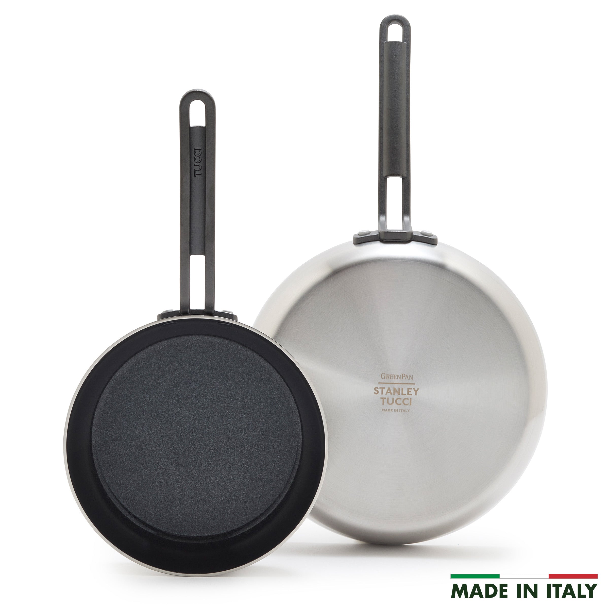 Stanley Tucci™ Stainless Steel Ceramic Nonstick 8" & 10" Frypan Set | Black Handles